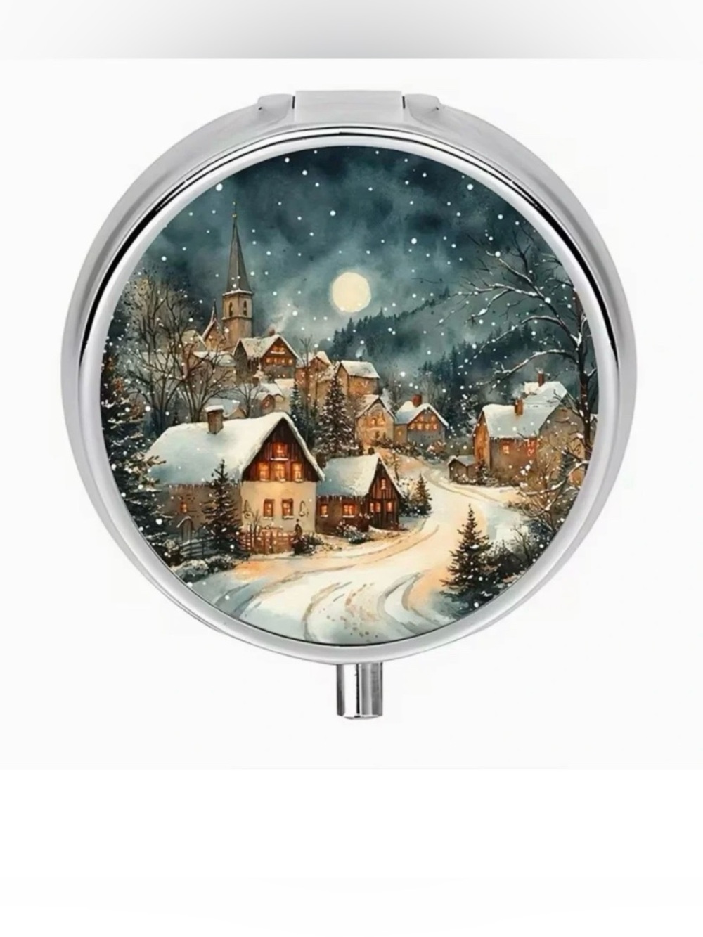 Winter Snowy Village Round Pill Organizer 3-Compartment Compact Pill Case New